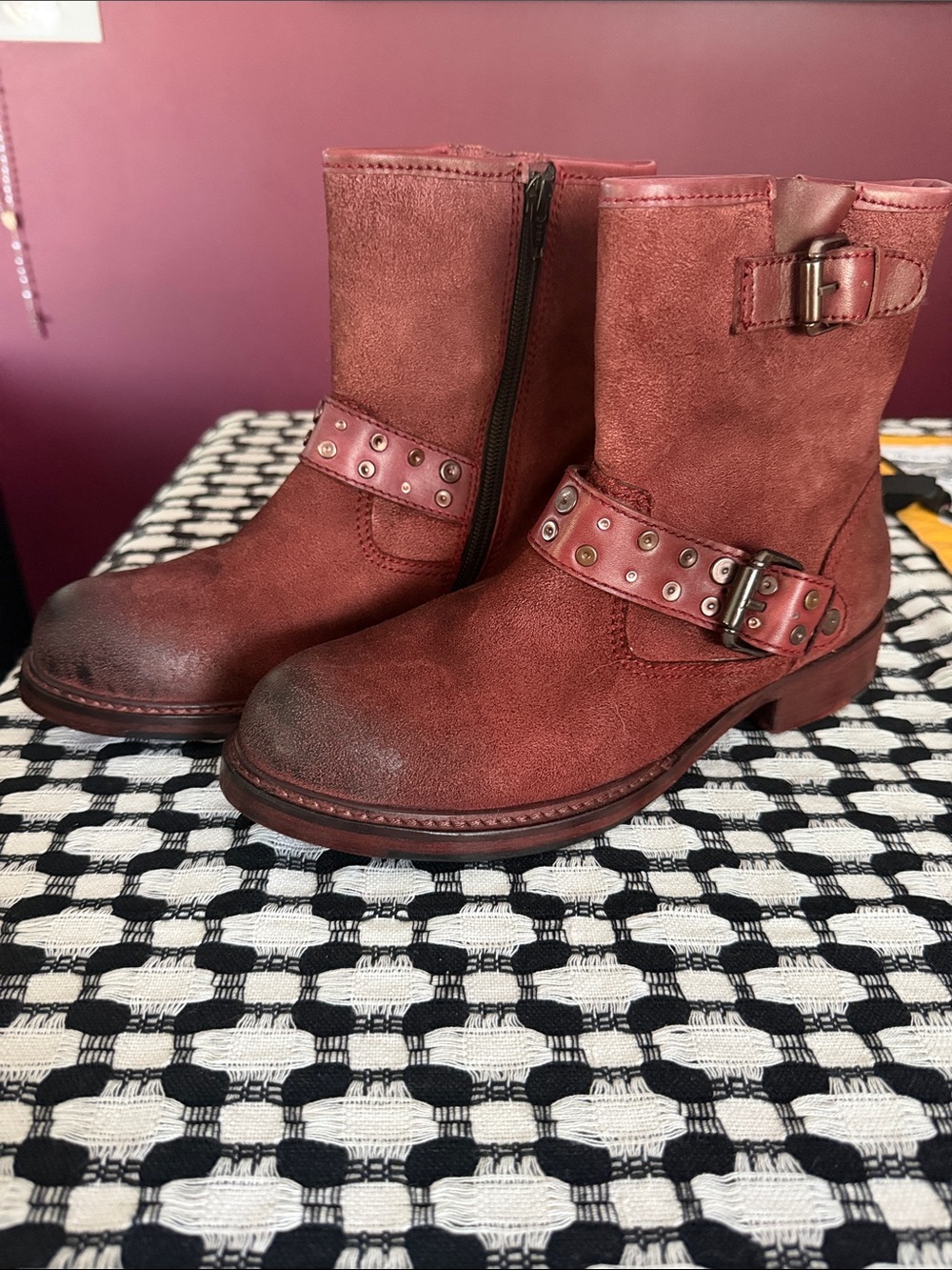 Vintage Foundry Co. Red Leather Studded Buckle Ankle Boots NWOT